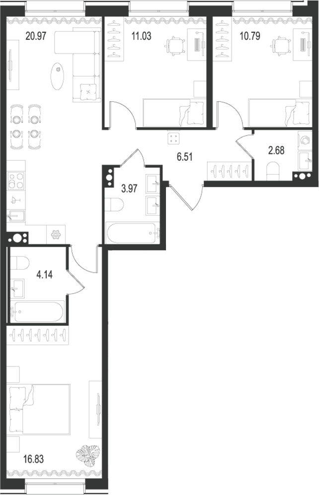 Планировка — Остров Первых, 4-комн., 77 м²