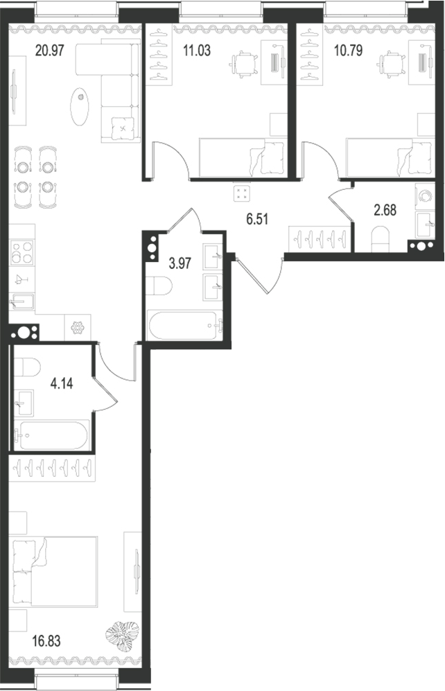 Планировка — Остров Первых, 4-комн., 77 м²