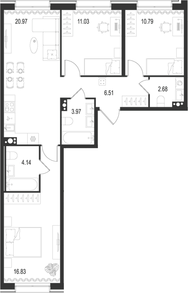 Планировка — Остров Первых, 4-комн., 77 м²