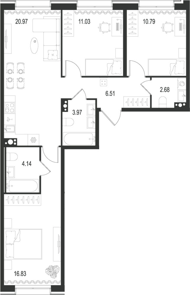 Планировка — Остров Первых, 4-комн., 77 м²