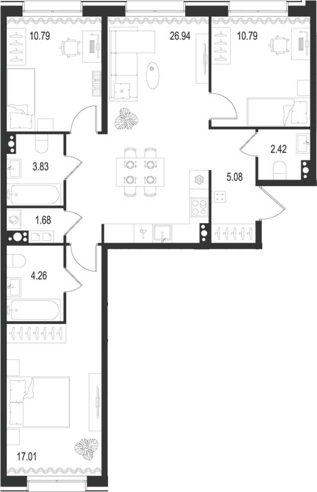 Планировка — Остров Первых, 4-комн., 83 м²