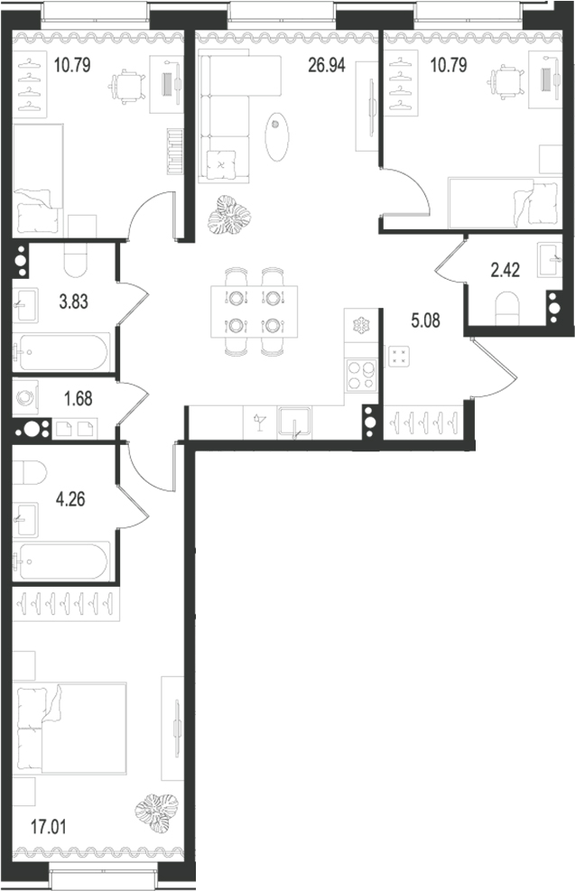 Планировка — Остров Первых, 4-комн., 83 м²