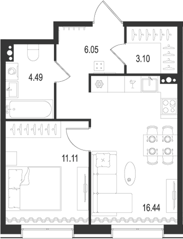 Планировка — Остров Первых, 2-комн., 41 м²