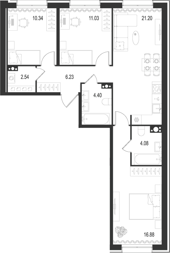 Планировка — Остров Первых, 4-комн., 77 м²