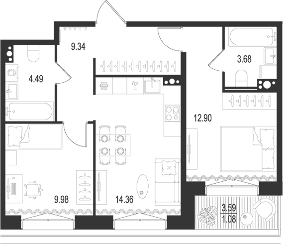 Планировка — Остров Первых, 2-комн., 55 м²