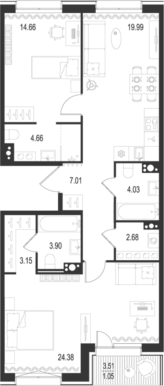 Планировка — Остров Первых, 3-комн., 86 м²