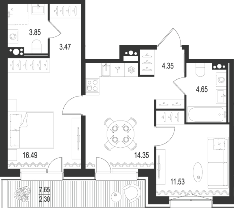 Планировка — Остров Первых, 2-комн., 61 м²