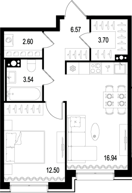 Планировка — Остров Первых, 2-комн., 46 м²