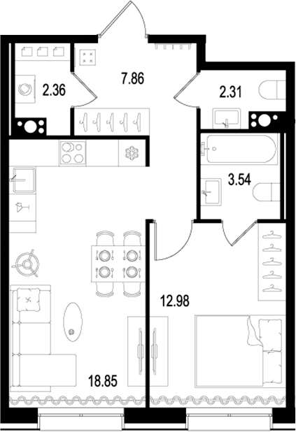 Планировка — Остров Первых, 2-комн., 48 м²