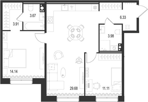 Планировка — Остров Первых, 3-комн., 73 м²