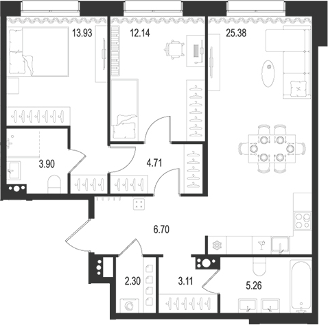 Планировка — Остров Первых, 3-комн., 77 м²