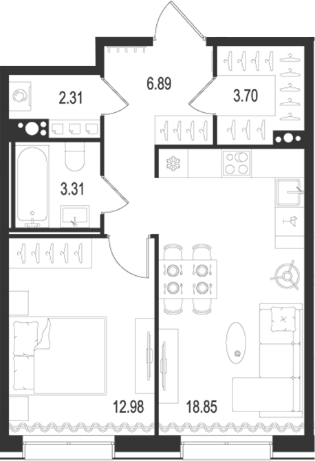 Планировка — Остров Первых, 2-комн., 48 м²