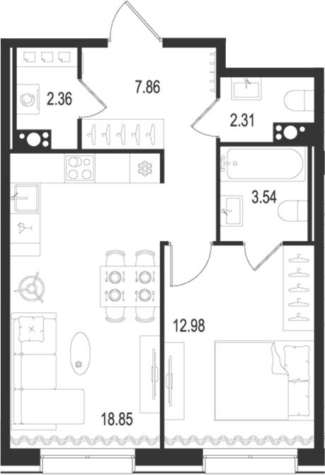Планировка — Остров Первых, 2-комн., 48 м²
