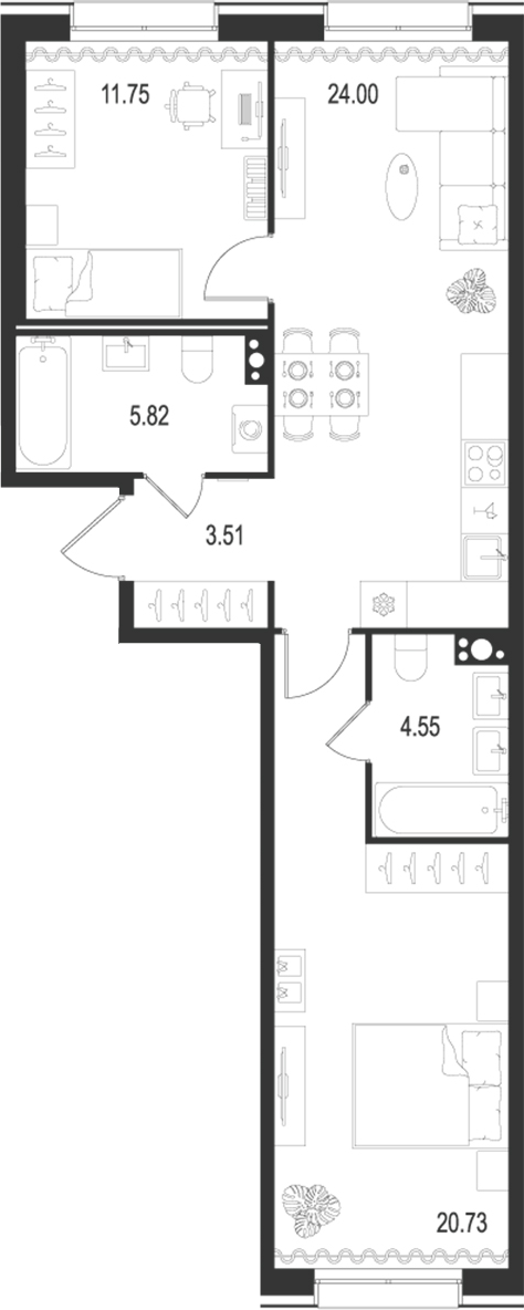 Планировка — Остров Первых, 3-комн., 70 м²