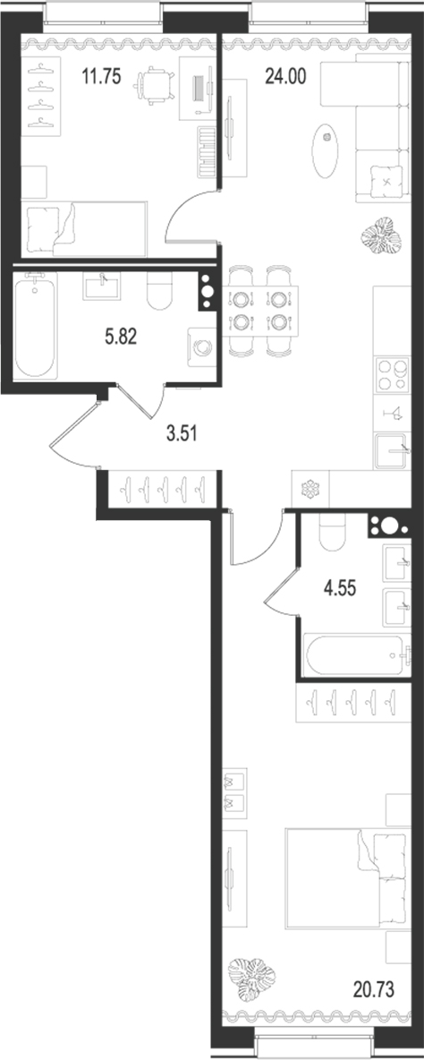 Планировка — Остров Первых, 3-комн., 70 м²
