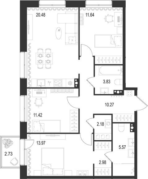 Планировка — Остров Первых, 4-комн., 82 м²
