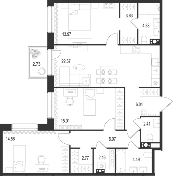 Планировка — Остров Первых, 4-комн., 98 м²
