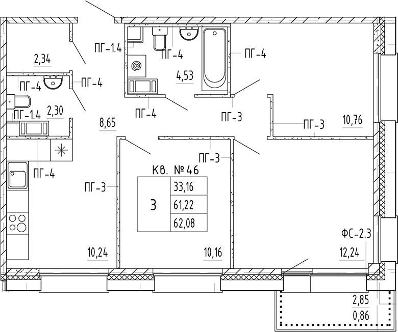 Планировка — PLUS Пулковский, 3-комн., 61 м²