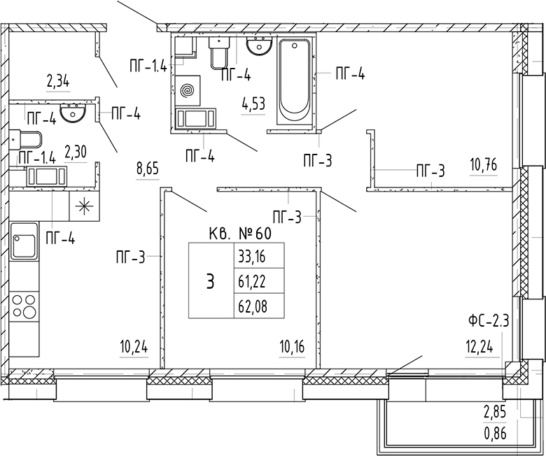 Планировка — PLUS Пулковский, 3-комн., 61 м²