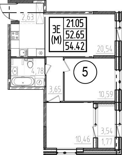 Планировка — ОРО от Аквилон, 3-комн., 53 м²