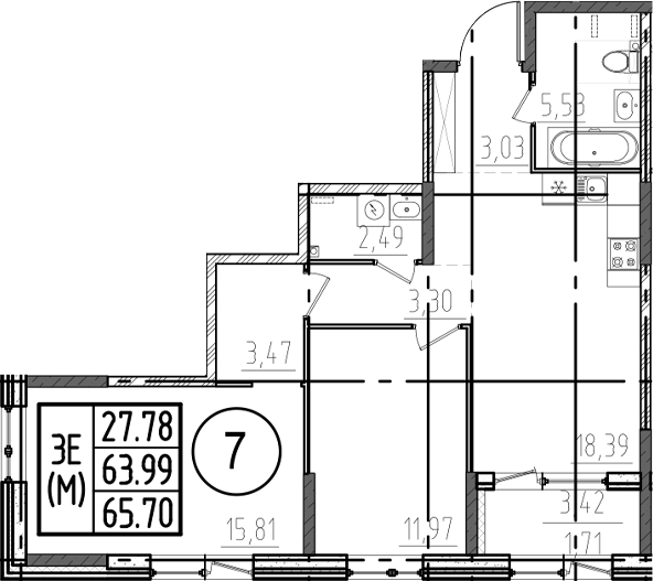Планировка — ОРО от Аквилон, 3-комн., 64 м²