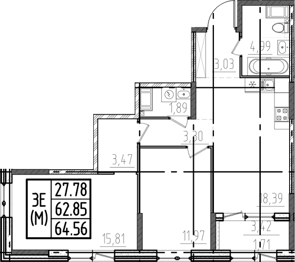Планировка — ОРО от Аквилон, 3-комн., 63 м²