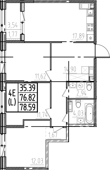 Планировка — ОРО от Аквилон, 4-комн., 77 м²
