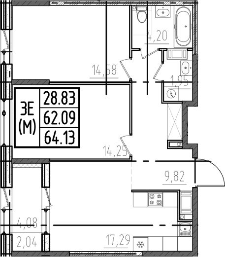 Планировка — ОРО от Аквилон, 3-комн., 62 м²