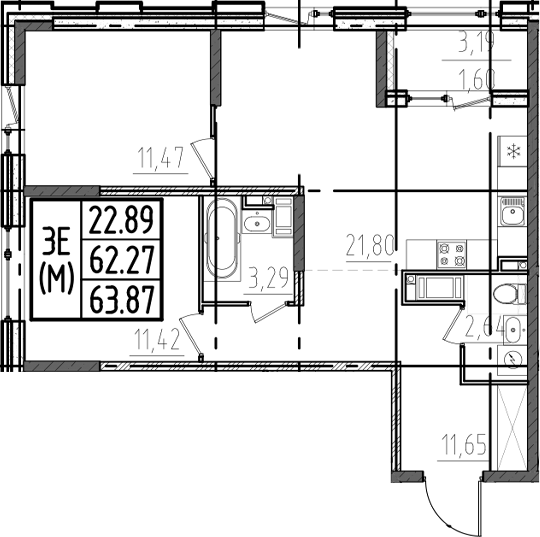 Планировка — ОРО от Аквилон, 3-комн., 62 м²