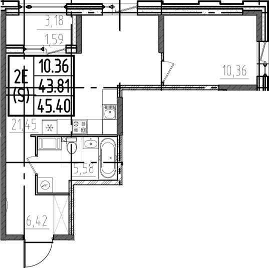 Планировка — ОРО от Аквилон, 2-комн., 44 м²