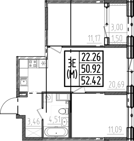 Планировка — ОРО от Аквилон, 3-комн., 51 м²
