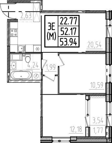 Планировка — ОРО от Аквилон, 3-комн., 52 м²