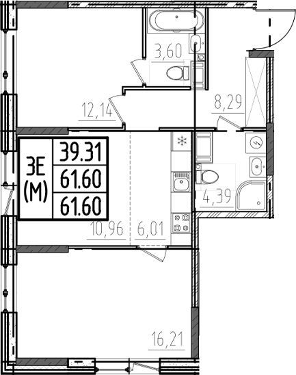 Планировка — ОРО от Аквилон, 3-комн., 62 м²