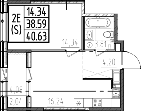 Планировка — ОРО от Аквилон, 2-комн., 39 м²