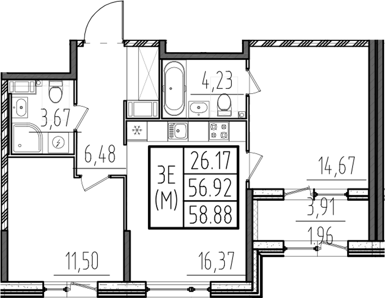 Планировка — ОРО от Аквилон, 3-комн., 57 м²