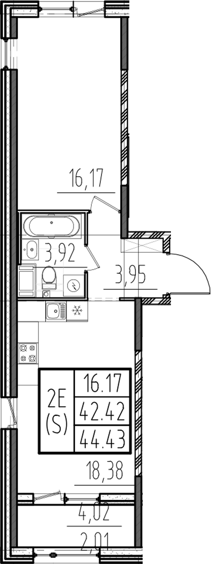 Планировка — ОРО от Аквилон, 2-комн., 42 м²