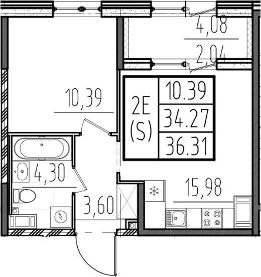 Планировка — ОРО от Аквилон, 2-комн., 34 м²