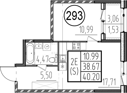 Планировка — ОРО от Аквилон, 2-комн., 39 м²