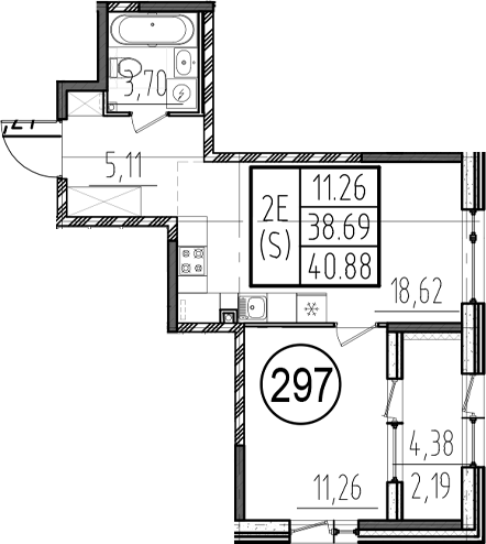 Планировка — ОРО от Аквилон, 2-комн., 39 м²