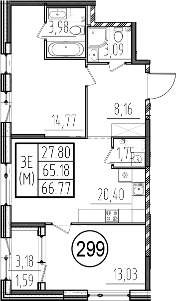 Планировка — ОРО от Аквилон, 3-комн., 65 м²
