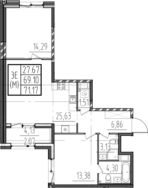 Планировка — ОРО от Аквилон, 3-комн., 69 м²