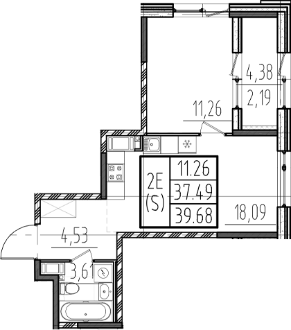 Планировка — ОРО от Аквилон, 2-комн., 37 м²