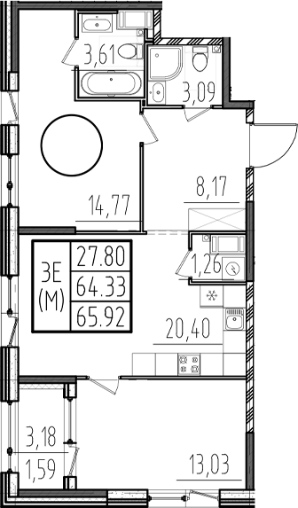 Планировка — ОРО от Аквилон, 3-комн., 64 м²