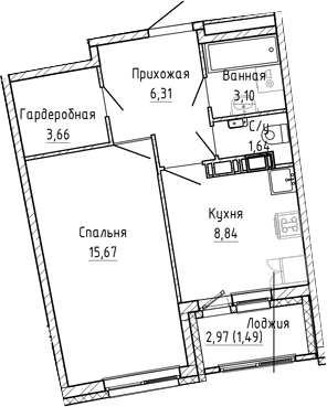 Планировка — Аквилон Рива, 1-комн., 39 м²