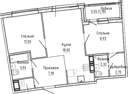 Планировка — Аквилон Рива, 3-комн., 57 м²