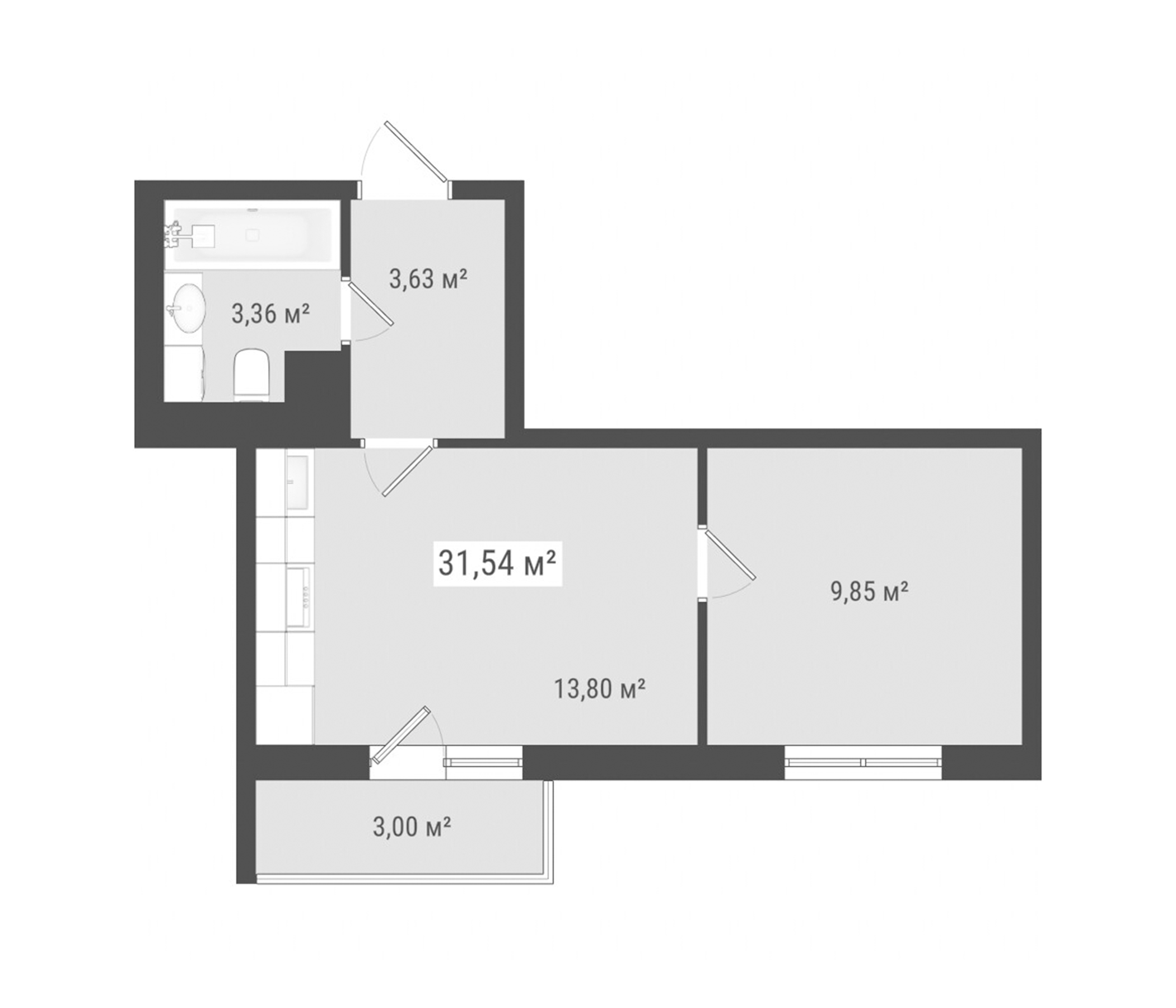 Планировка — Лето, 1-комн., 31 м²