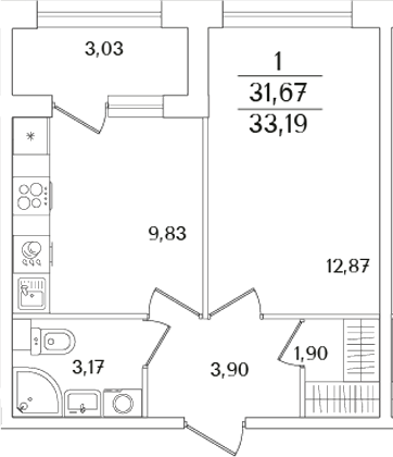 Планировка — Аурум, 1-комн., 32 м²