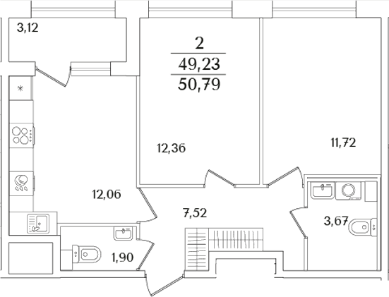 Планировка — Аурум, 2-комн., 49 м²