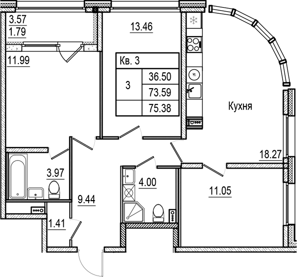 Планировка — Аурум, 4-комн., 74 м²