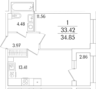 Планировка — Аурум, 2-комн., 33 м²